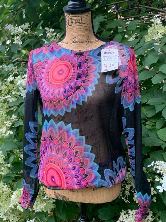 Desigual Tops - DESIGUAL Grecia ladies colorful sheer Vintage poly blouse size large  NWT